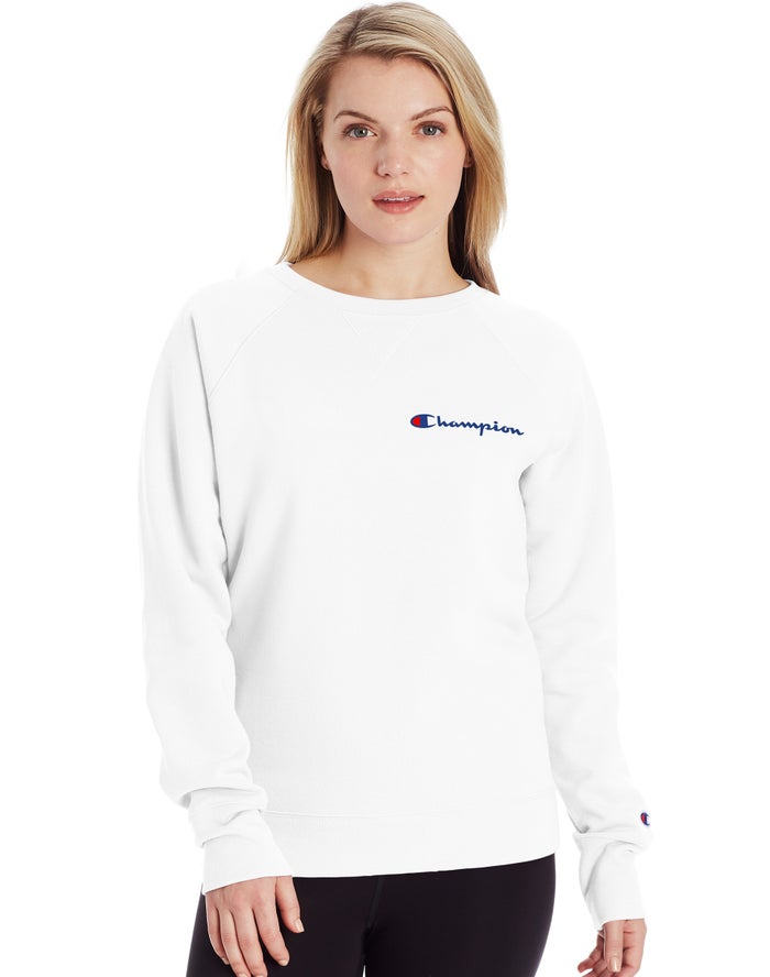 Champion Sweatshirt Dames - Wit - Powerblend Fleece Classic Crew Script Logo ( 419852-GEI )